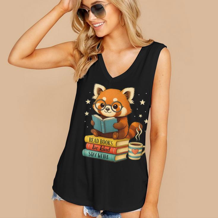 Reading Book Lover Red Panda Read Books Be Kind Stays Weird Women's V-Neck Tank Top