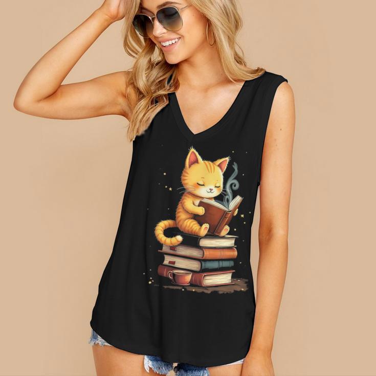 Reading Cat Books Cute Women's V-Neck Tank Top