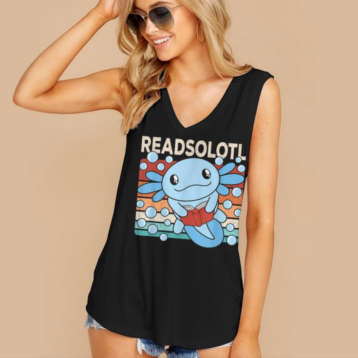 Readsolotl Blue Kawaii Axolotl Book Lover Reading Retro Women's V-Neck Tank Top