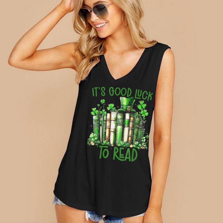 Retro Book Lucky Reading Teacher St Patrick's Day -Adults Small Cotton Blend Polyester Blend Short Sleeve Women's V-Neck Tank Top