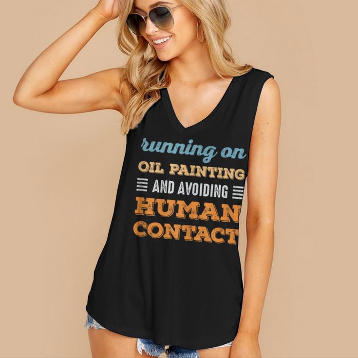Running On Oil Painting Social Introvert Humor Vintage Women's V-Neck Tank Top