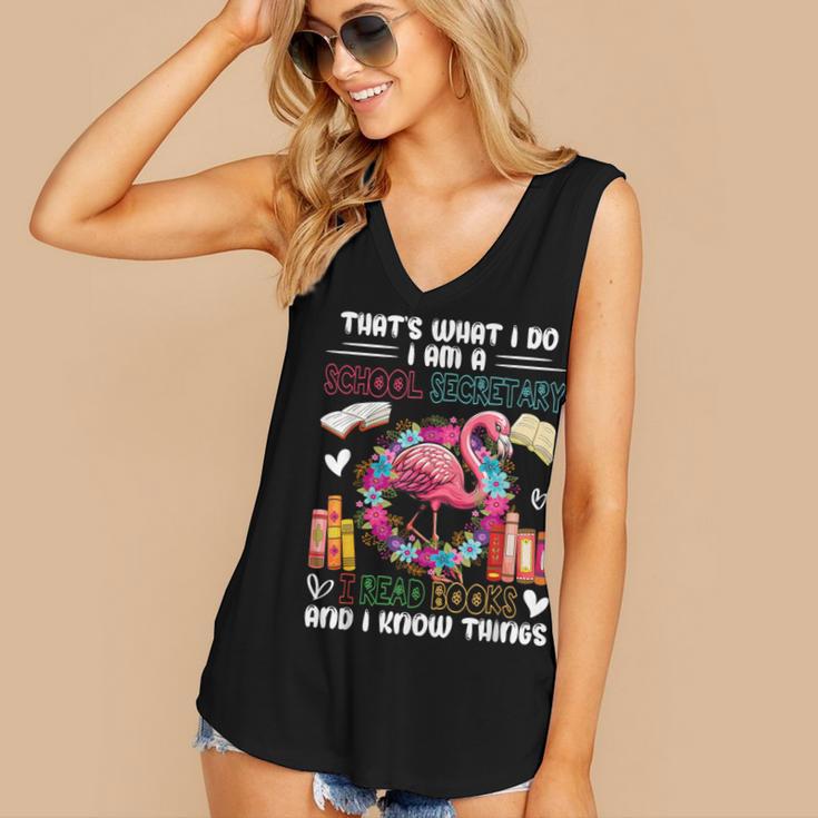 School Secretary Read Books And Know Things Flowers Flamingo Women's V-Neck Tank Top