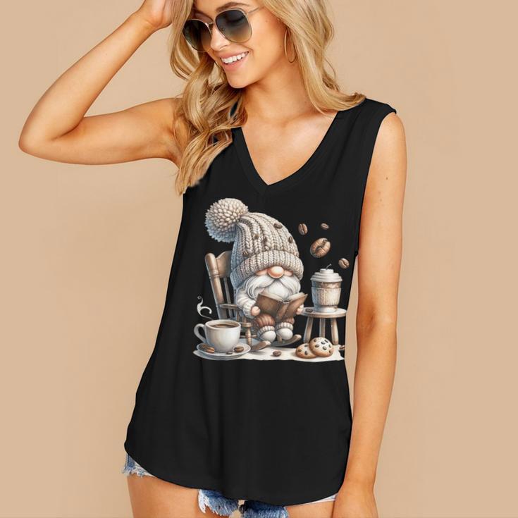 Vintage Cute Gnome Reading Book Coffee Cute Gnome Graphic Women's V-Neck Tank Top