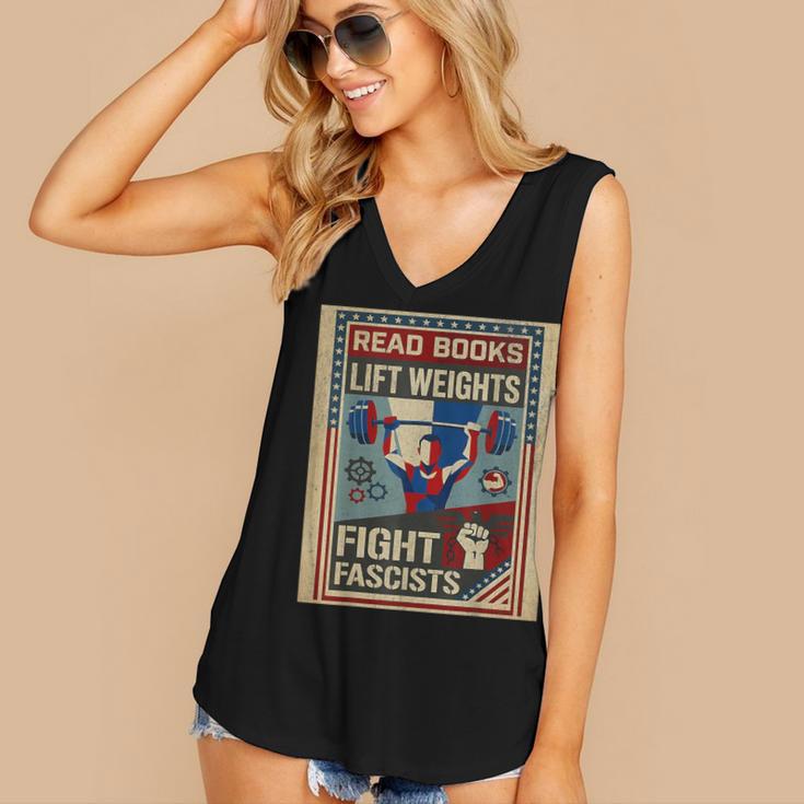 Vintage Style Read Books Lift Weights Fight Fascists Retro Women's V-Neck Tank Top