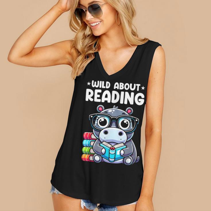 Wild About Reading Book Lover Hippo Women's V-Neck Tank Top