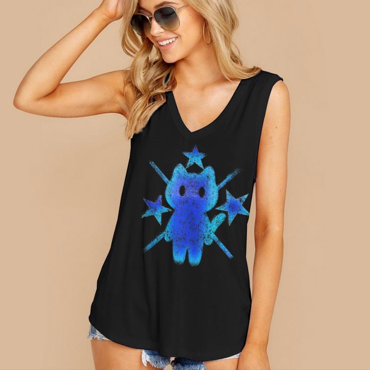 Yk2 Grunge Earthy Blue Cat With Stars Tomboy 90s Nostalgia Women's V-Neck Tank Top