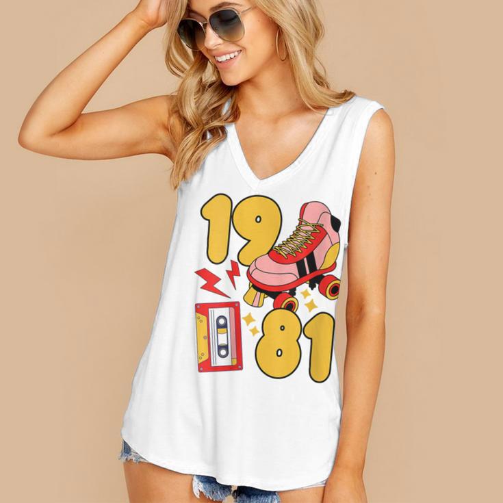 80s Vibes Mixed Tapes & Roller Skates 1981 Nostalgia Retro Women's V-Neck Tank Top