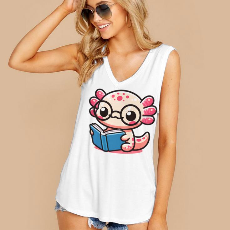 Adorable Book Lover Axolotl With Reading Glasses Cute Women's V-Neck Tank Top