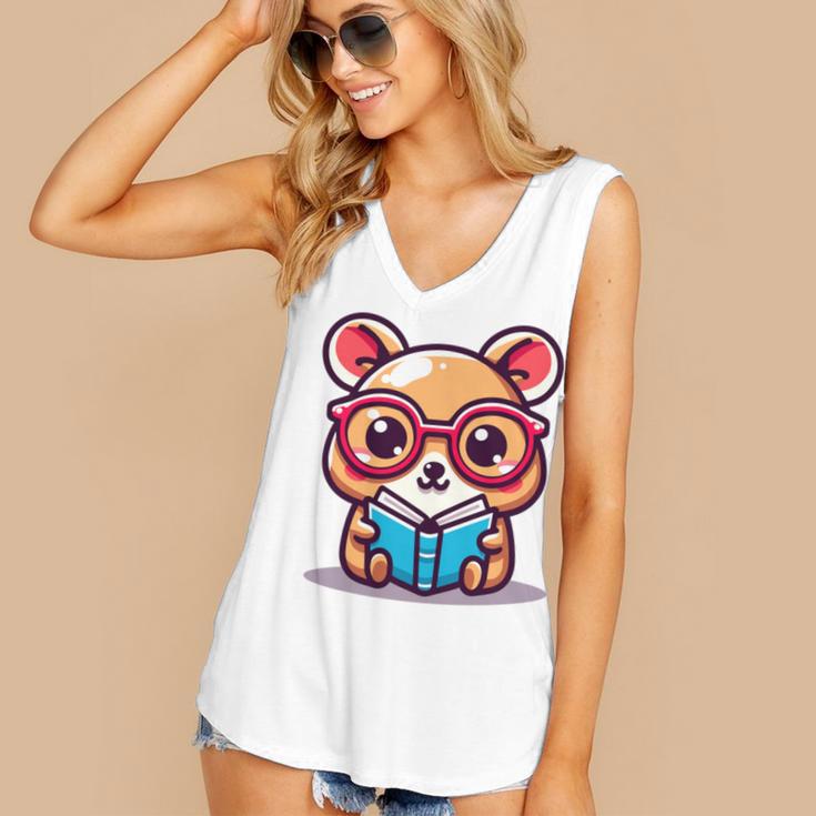 Adorable Book Lover Quokka With Reading Glasses Cute Women's V-Neck Tank Top