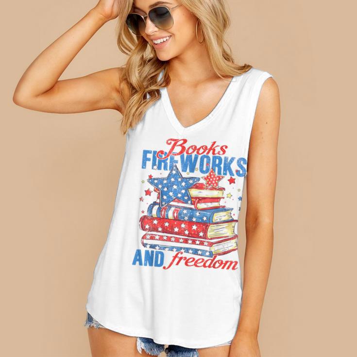 Books Fireworks And Freedom 4th Of July Book Lover Women's V-Neck Tank Top Books Fireworks And Freedom 4th Of July Book Lover Women's V-Neck Tank Top