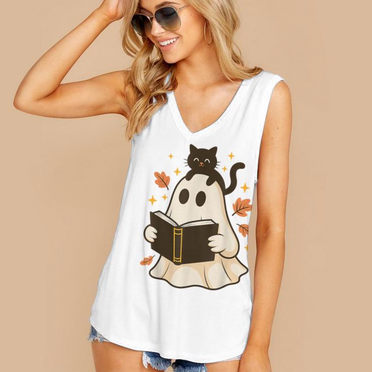 Books Ghost Reading Book Halloween Library Cat Fall Women's V-Neck Tank Top Books Ghost Reading Book Halloween Library Cat Fall Women's V-Neck Tank Top