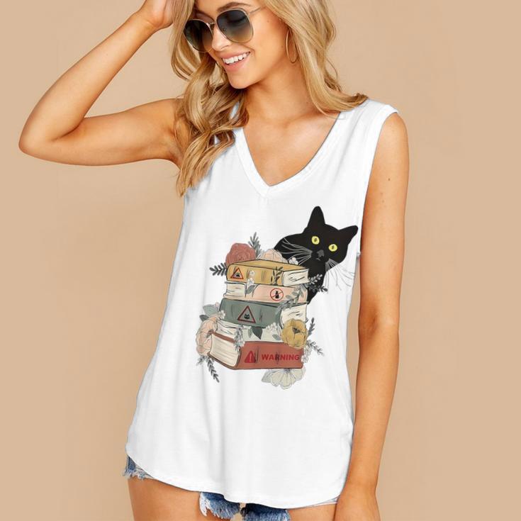 Cat And Books Flowers Reading Club Cat Lover Bookworm Women's V-Neck Tank Top