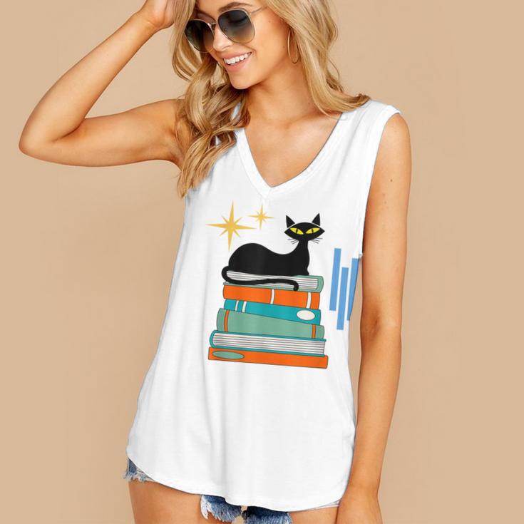 Cat And Books Retro Midcentury Mid Century Aesthetic Women's V-Neck Tank Top