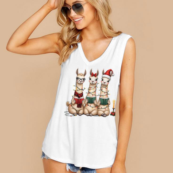 Christmas Three Llamas Reading Reading Books Llama Lover Women's V-Neck Tank Top Christmas Three Llamas Reading Reading Books Llama Lover Women's V-Neck Tank Top