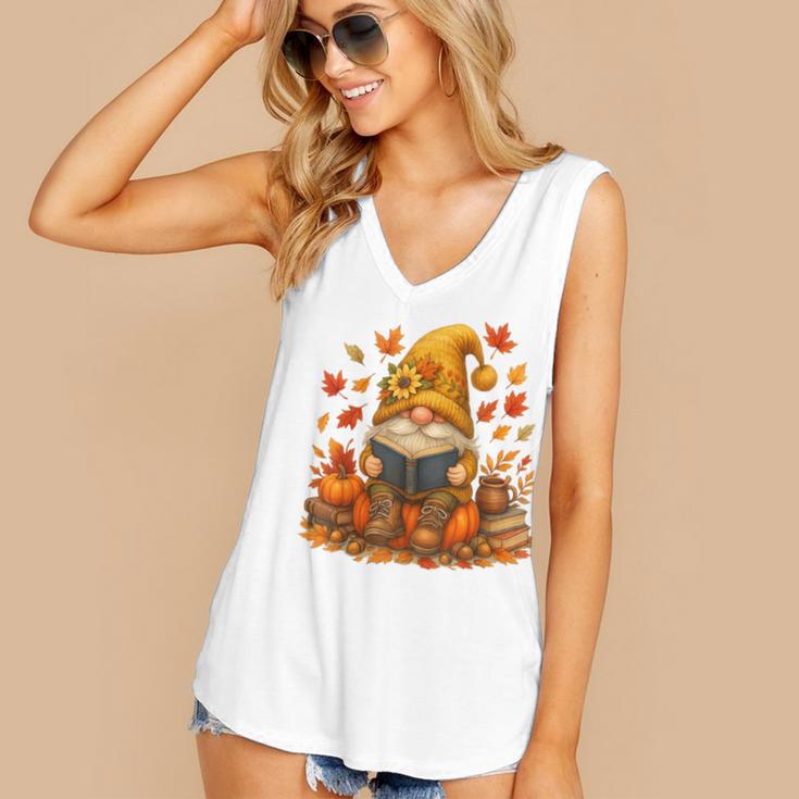 Cute Autumn Gnome Reading Pumpkin Book Lover Women's V-Neck Tank Top