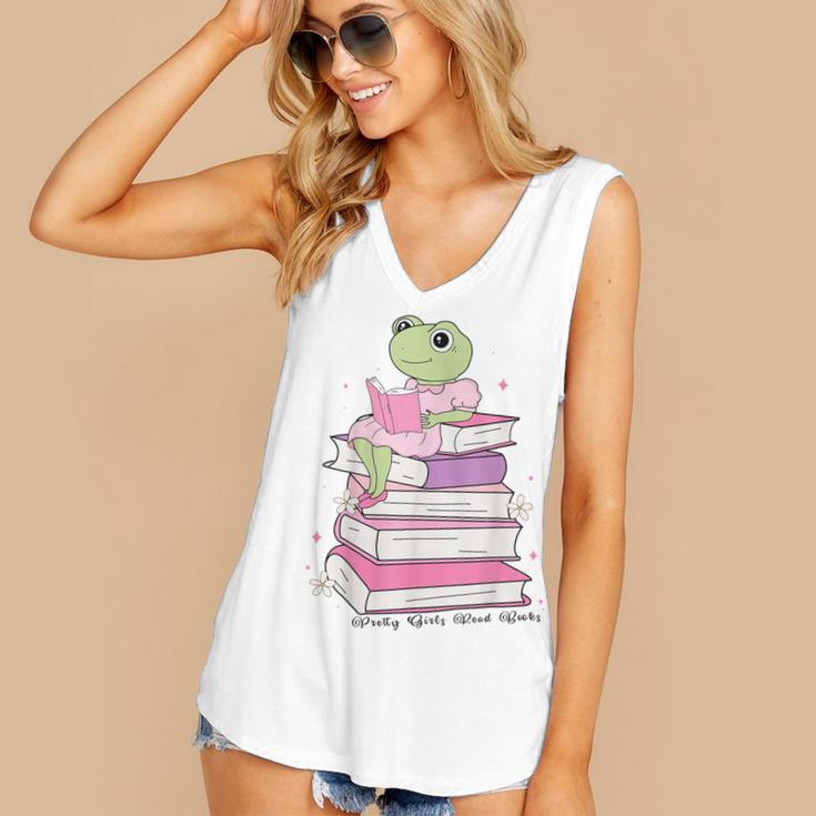 Cute Book Lover Frog Pretty Girls Read Books Kawaii Reading Women's V-Neck Tank Top