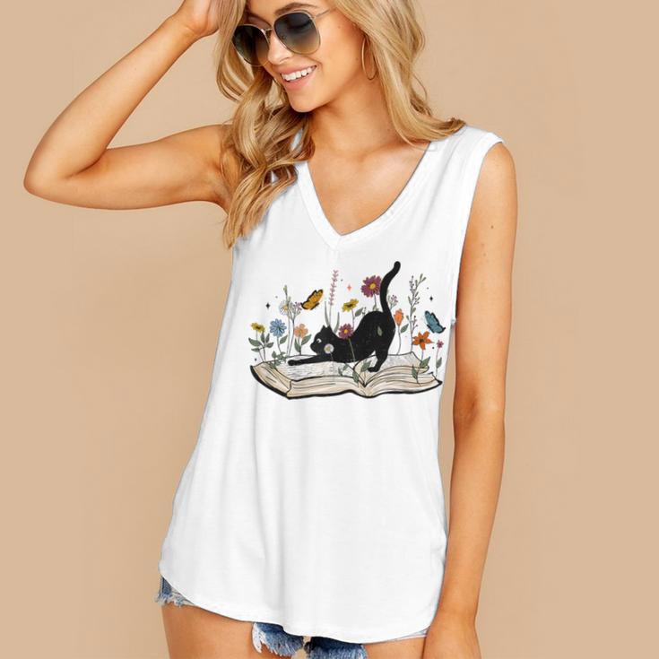 Cute Cat Flower Garden Book Kitty Reading Floral Men Women Girls Kids Women's V-Neck Tank Top