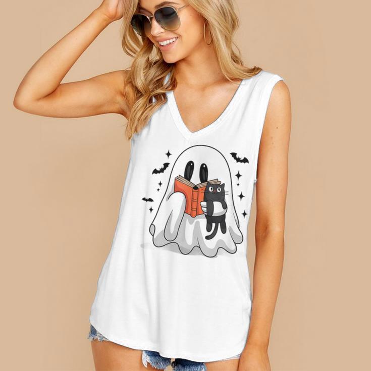 Cute Halloween Ghost Reading Book Women's V-Neck Tank Top Cute Halloween Ghost Reading Book Women's V-Neck Tank Top