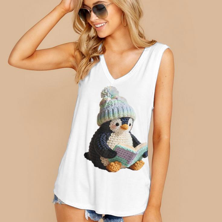 Cute Penguin Reading Book Faux-Crochet Print Women's V-Neck Tank Top