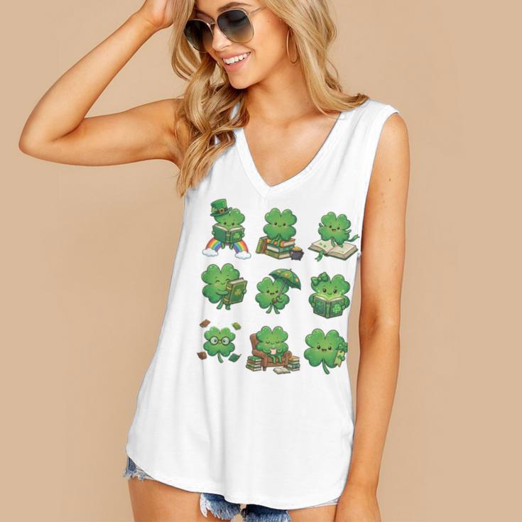 Cute Shamrock Reading St Patricks Day Teacher Book Lovers Women's V-Neck Tank Top