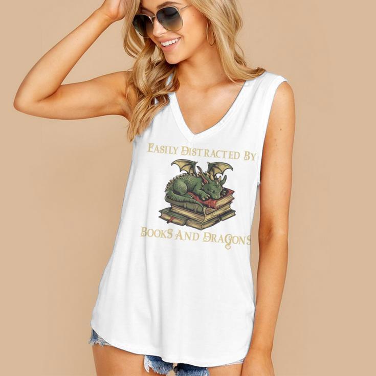Easily Distracted By Books And Dragons Graphic Premium Women's V-Neck Tank Top