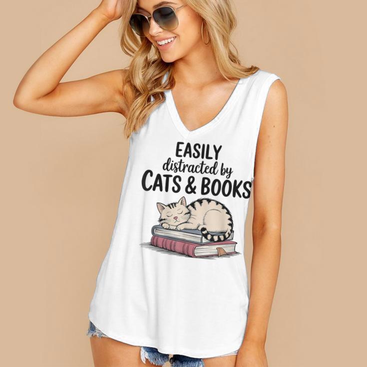 Easily Distracted By Cats And Books Cute Book Lover Women's V-Neck Tank Top Easily Distracted By Cats And Books Cute Book Lover Women's V-Neck Tank Top