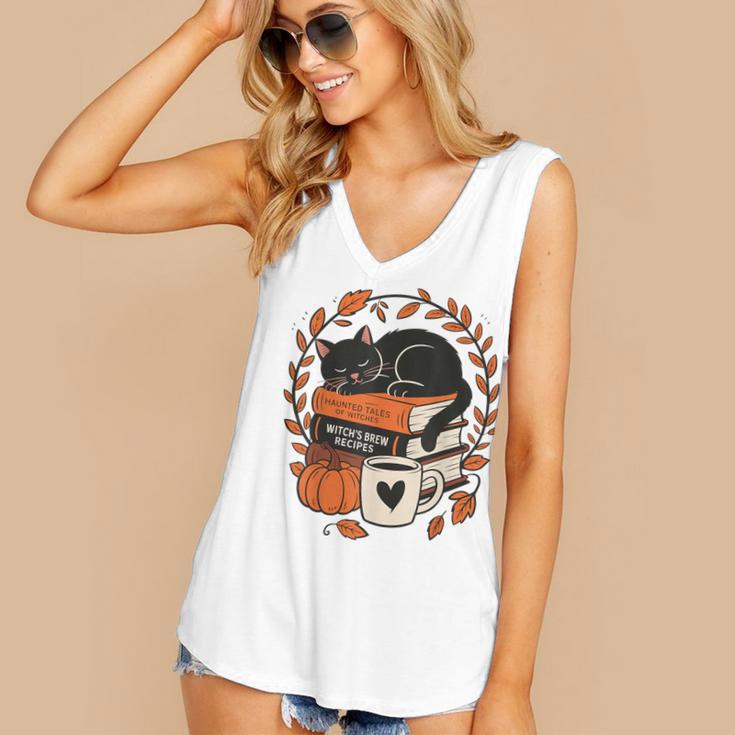 Fall Book Teacher Cat Books Halloween Autumn Librarian Women's V-Neck Tank Top Fall Book Teacher Cat Books Halloween Autumn Librarian Women's V-Neck Tank Top