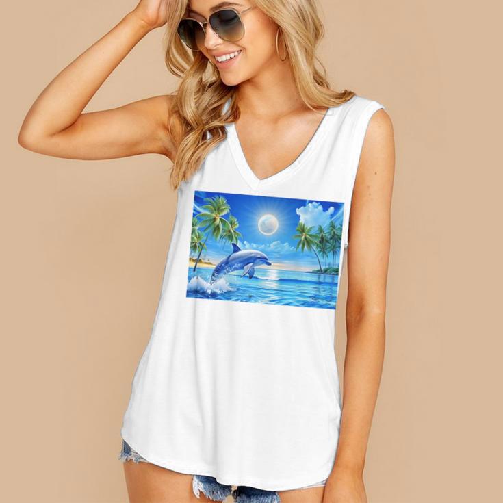 Frutiger Aero Dolphin Sunset Ocean With Palm Trees Y2k Premium Women's V-Neck Tank Top Frutiger Aero Dolphin Sunset Ocean With Palm Trees Y2k Premium Women's V-Neck Tank Top
