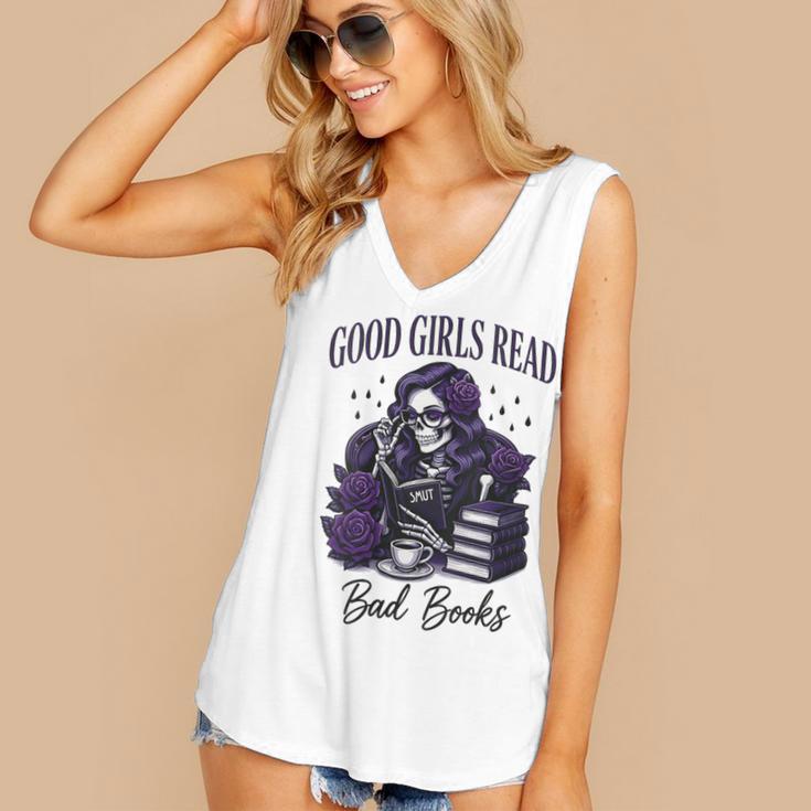 Good Girls Read Bad Books Sarcastic Skeleton Goth Skull Women's V-Neck Tank Top