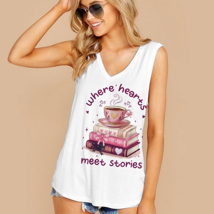Where Hearts Groovy Meet Stories Coffee Books Valentines Day Women's V-Neck Tank Top Where Hearts Groovy Meet Stories Coffee Books Valentines Day Women's V-Neck Tank Top