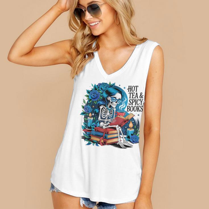 Hot Tea & Spicy Books Skeleton Reader Women's V-Neck Tank Top Hot Tea & Spicy Books Skeleton Reader Women's V-Neck Tank Top