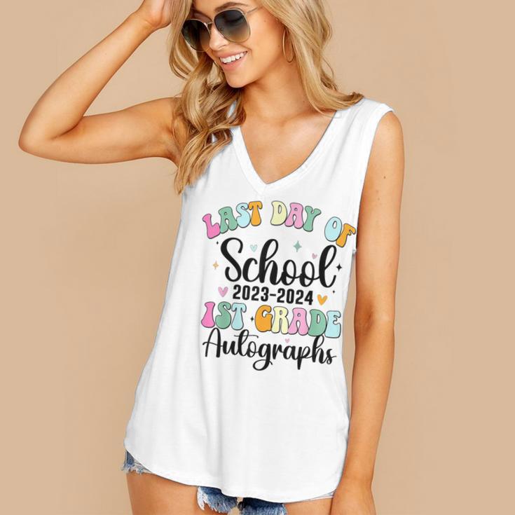 Last Day Autographs 1st Grade Graduation Boys Girls Groovy Women's V-Neck Tank Top