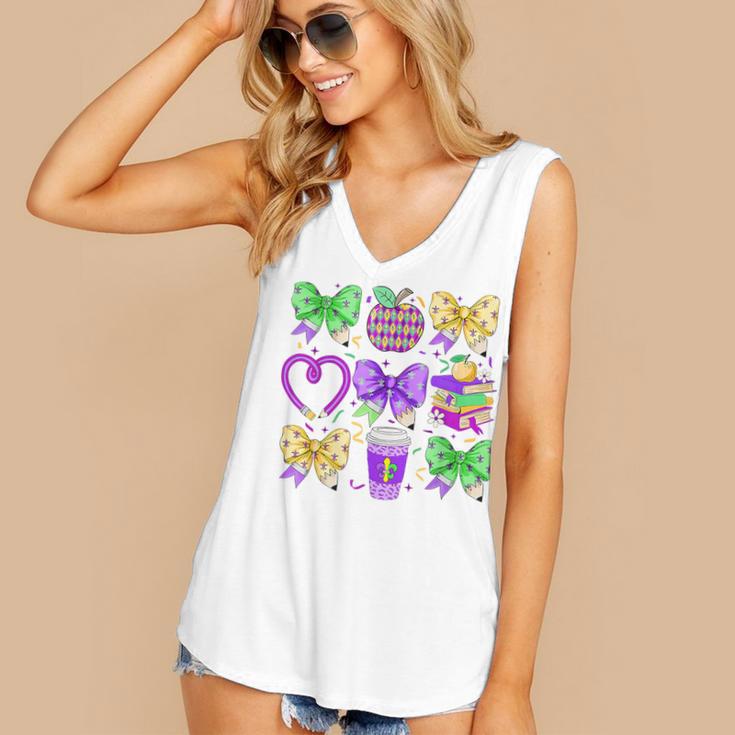 Mardi Gras Teacher Coquette Bow Pencil Apple Book Women Girl Women's V-Neck Tank Top