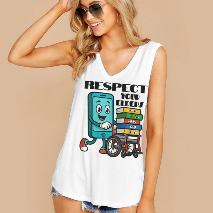 Respect Elders Cellphone Pushing Books In a Wheelchair Women's V-Neck Tank Top
