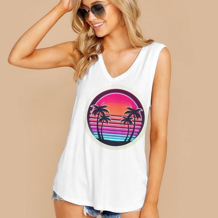 Retro 80s Synthwave Sunset & Palm Trees Retro Nostalgia 80s Women's V-Neck Tank Top