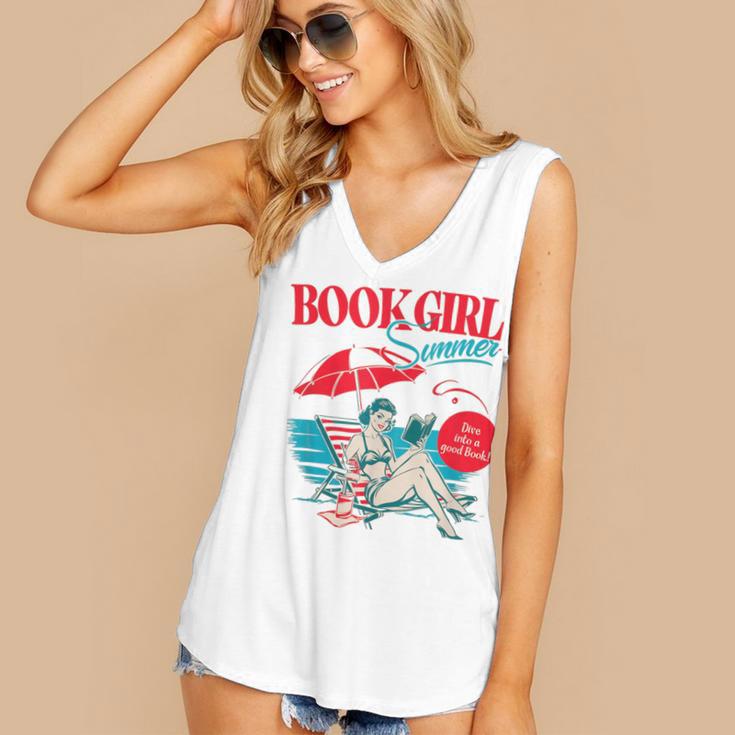 Retro Book Girl Summer For Women Beach Reading Women's V-Neck Tank Top Retro Book Girl Summer For Women Beach Reading Women's V-Neck Tank Top