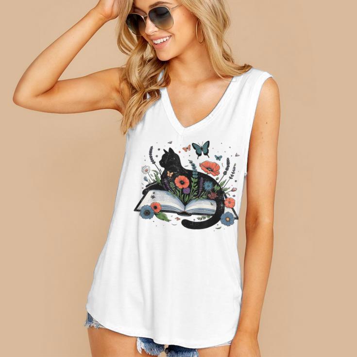 Retro Cute Cat Floral Book Librarian Vintage Floral Cat Book Women's V-Neck Tank Top