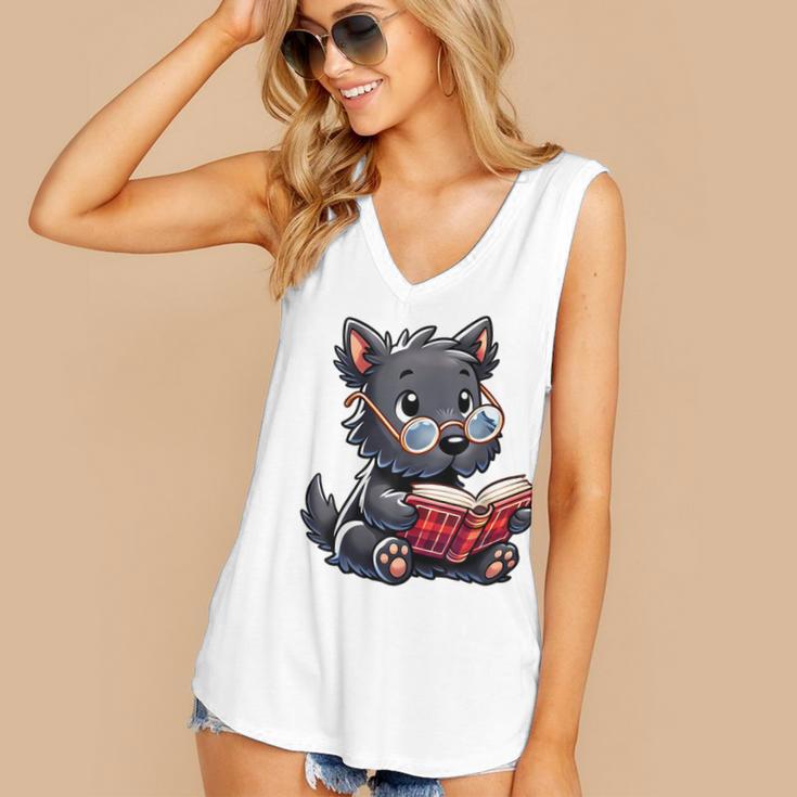 Scottish Terrier Reading a Book Dog Women's V-Neck Tank Top