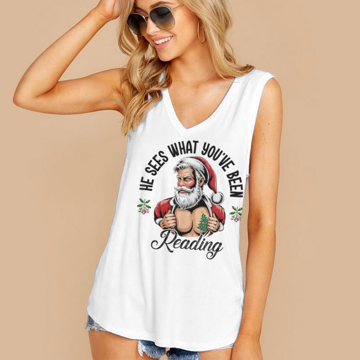 He Sees What You'Ve Been Reading Santa Xmas Book Lover Women's V-Neck Tank Top