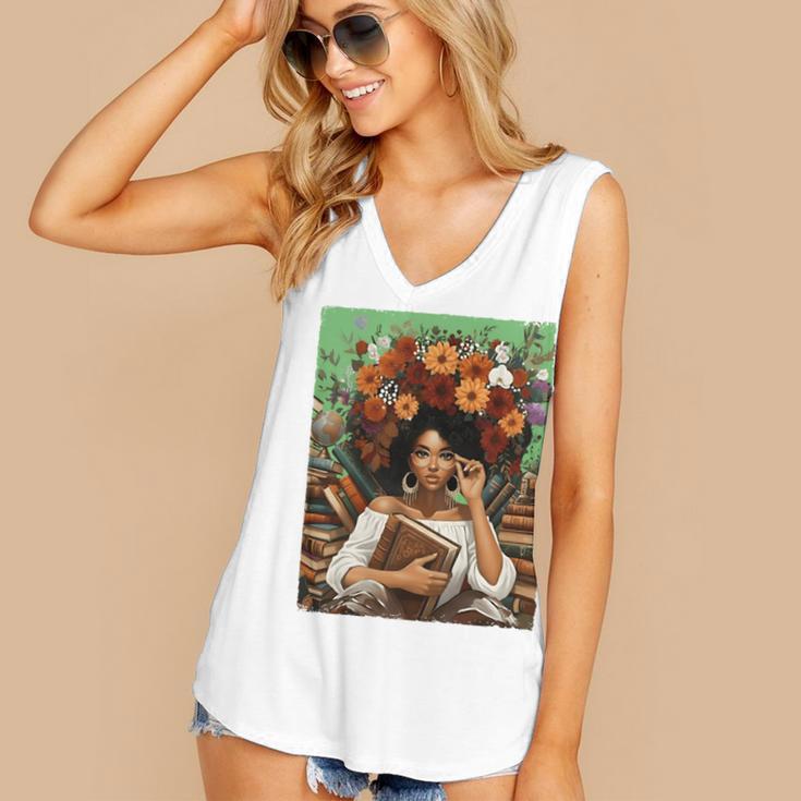 History Month Black Afro Girl Women Book Lovers Floral Women's V-Neck Tank Top