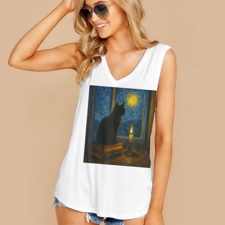 Van Gogh Starry Night Art Cat And Book Lovers Women's V-Neck Tank Top