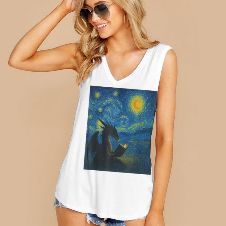 Van Gogh Starry Night Fantasy Reader Dragon Reading Book Women's V-Neck Tank Top Van Gogh Starry Night Fantasy Reader Dragon Reading Book Women's V-Neck Tank Top