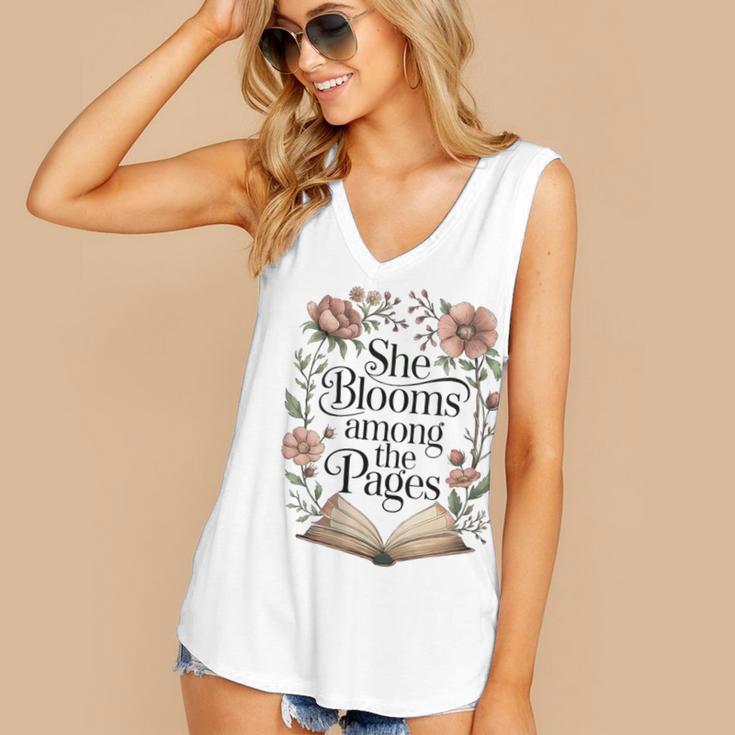 Women's She Blooms Among The Pages Women Mom Wife Floral Book Lover Women's V-Neck Tank Top