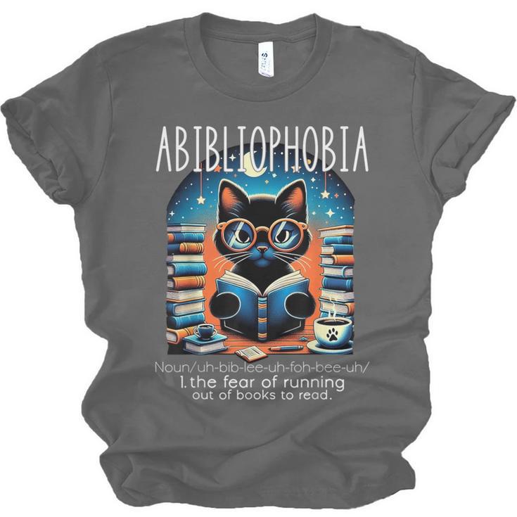 Abibliophobia Cat Reading Bookworm Reader Nerd For Men Women Girls Kids Unisex Jersey T-Shirt Abibliophobia Cat Reading Bookworm Reader Nerd For Men Women Girls Kids Unisex Jersey T-Shirt