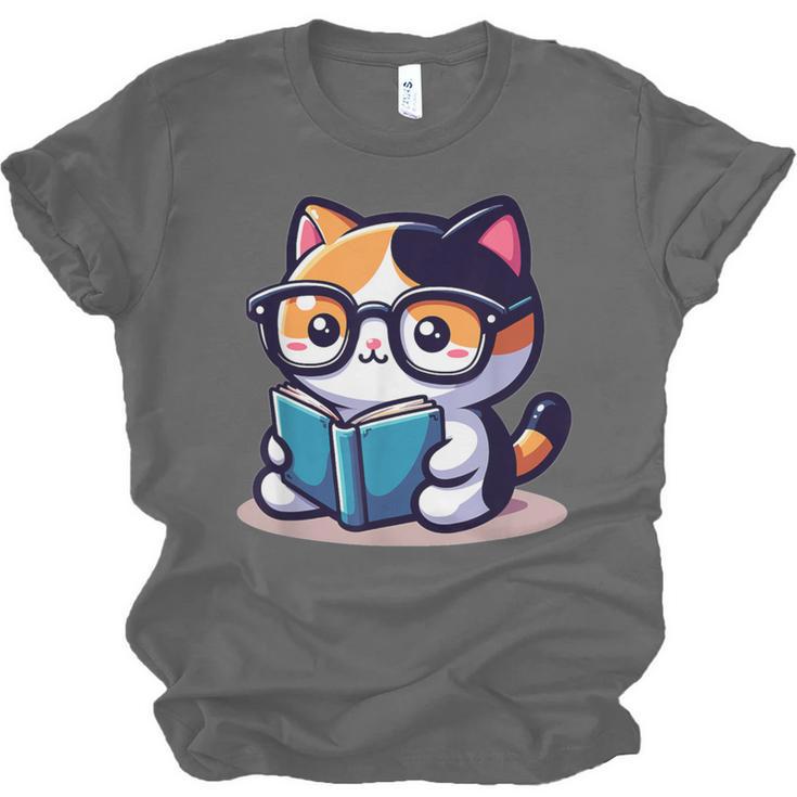 Adorable Book Lover Calico Cat With Reading Glasses Cute For Men Women Kids Unisex Jersey T-Shirt