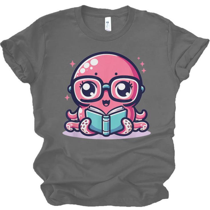 Adorable Book Lover Octopus With Reading Glasses Cute Unisex Jersey T-Shirt