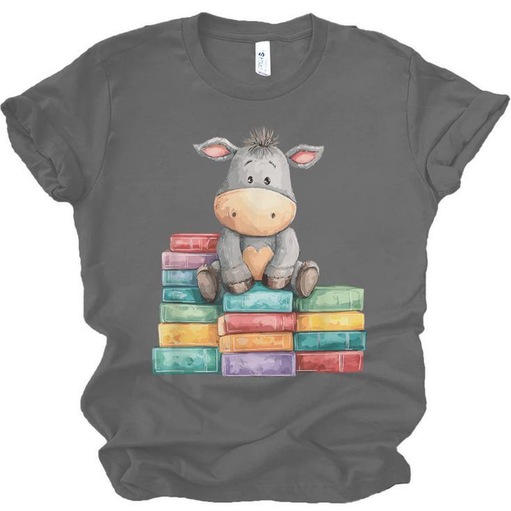 Adorable Donkey With Heart Sitting On Colorful Book Stack Unisex Jersey T-Shirt