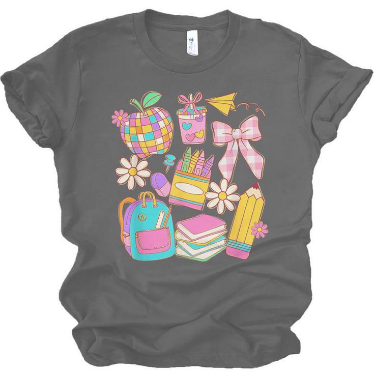 Apple Disco Pencil Books Bow Teacher Student Back To School Unisex Jersey T-Shirt