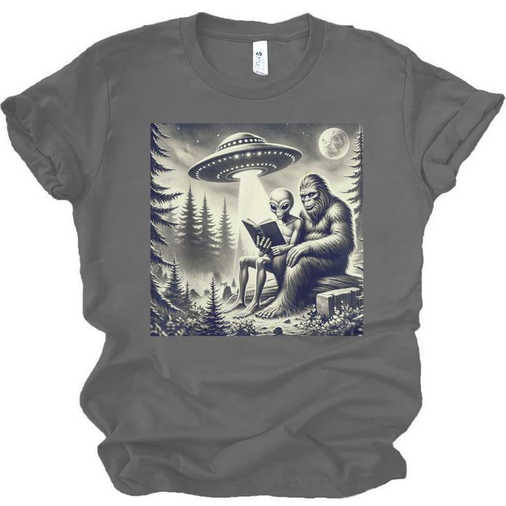 Bigfoot With Alien Reading A Book Bigfoot And UFO Unisex Jersey T-Shirt Bigfoot With Alien Reading A Book Bigfoot And UFO Unisex Jersey T-Shirt