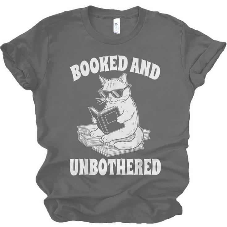 Booked And Unbothered Cat Reading Book Lovers Unisex Jersey T-Shirt